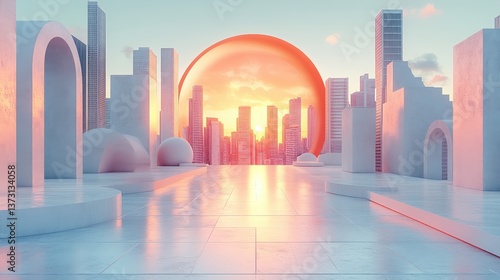 Wallpaper Mural Surreal Cityscape with Geometric Shapes and Vibrant Sunset Glow Torontodigital.ca