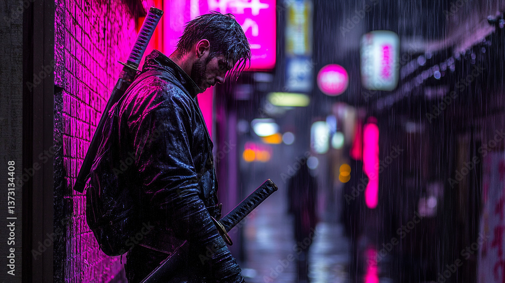 lone warrior stands in rain, surrounded by neon lights lone warrior stands in rain, surrounded by neon lights