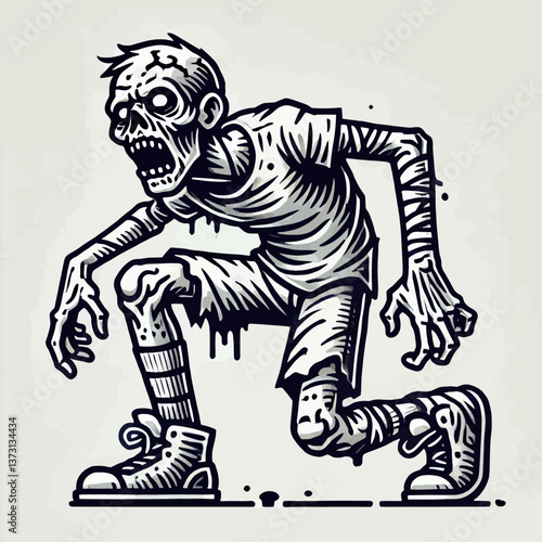 Zombie-Logo im 3D-Stil mit dicker Umrandung auf weißem Hintergrund im EPS10-Format, ideal für thematische Marken oder Designs mit dunkler, ausdrucksstarker und moderner Ästhetik