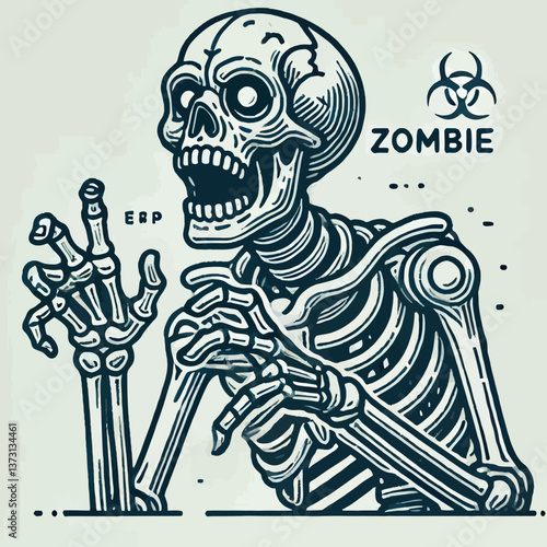 Zombie-Logo im 3D-Stil mit dicker Umrandung auf weißem Hintergrund im EPS10-Format, ideal für thematische Marken oder Designs mit dunkler, ausdrucksstarker und moderner Ästhetik