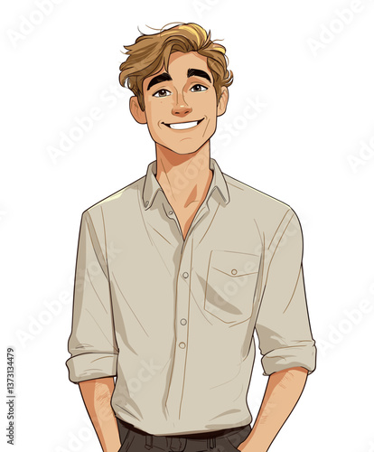 Relaxed young European man with light brown hair smiling and enjoying a casual moment indoors on a sunny day