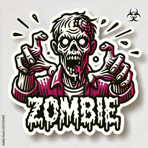 Logotipo de zombi en estilo 3D con contorno grueso sobre fondo blanco en formato EPS10, ideal para marcas temáticas o diseños con una estética oscura, expresiva y moderna