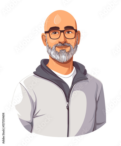 Middle-aged European man with glasses and bald head enjoys relaxed moment in casual attire
