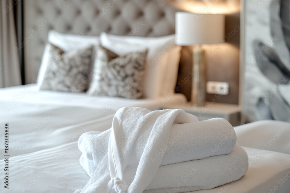Elegant hotel room with neatly arranged towels on the bed in a modern setting perfect for relaxation and comfort