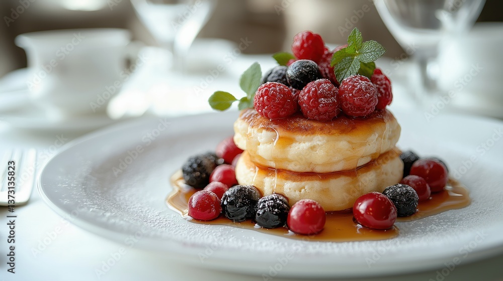 Gourmet pancakes topped with berries and syrup on a plate Gourmet pancakes topped with berries and syrup on a plate