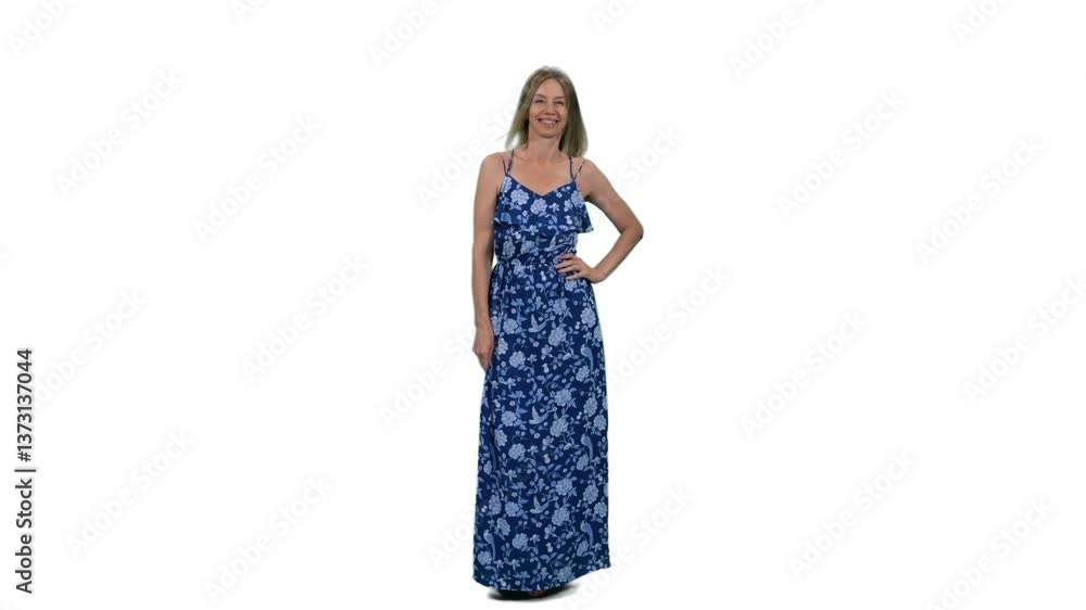 Beautiful adult woman in long blue dress standing with hand on hip, Full HD footage with alpha transparency channel isolated on white background Beautiful adult woman in long blue dress standing with hand on hip, Full HD footage with alpha transparency channel isolated on white background