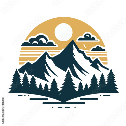 Un paisaje con montañas como logotipo, ilustración vectorial en formato EPS10 sobre fondo blanco, perfecto para marcas relacionadas con la naturaleza y la aventura.