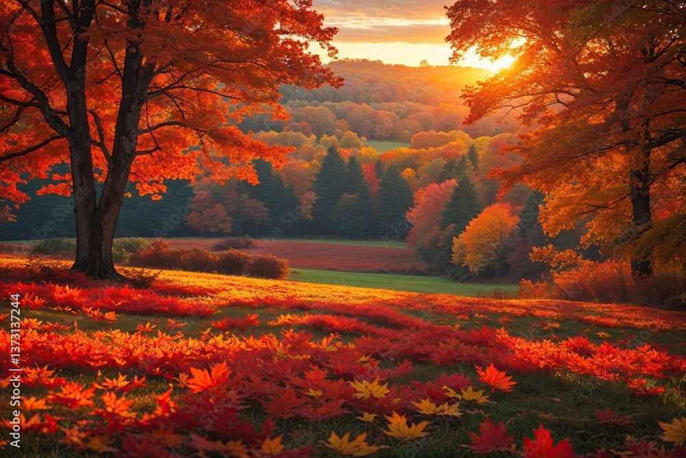 Fototapeta premium Stunning Autumn Landscape with Colorful Foliage and Cozy Sunset Glow