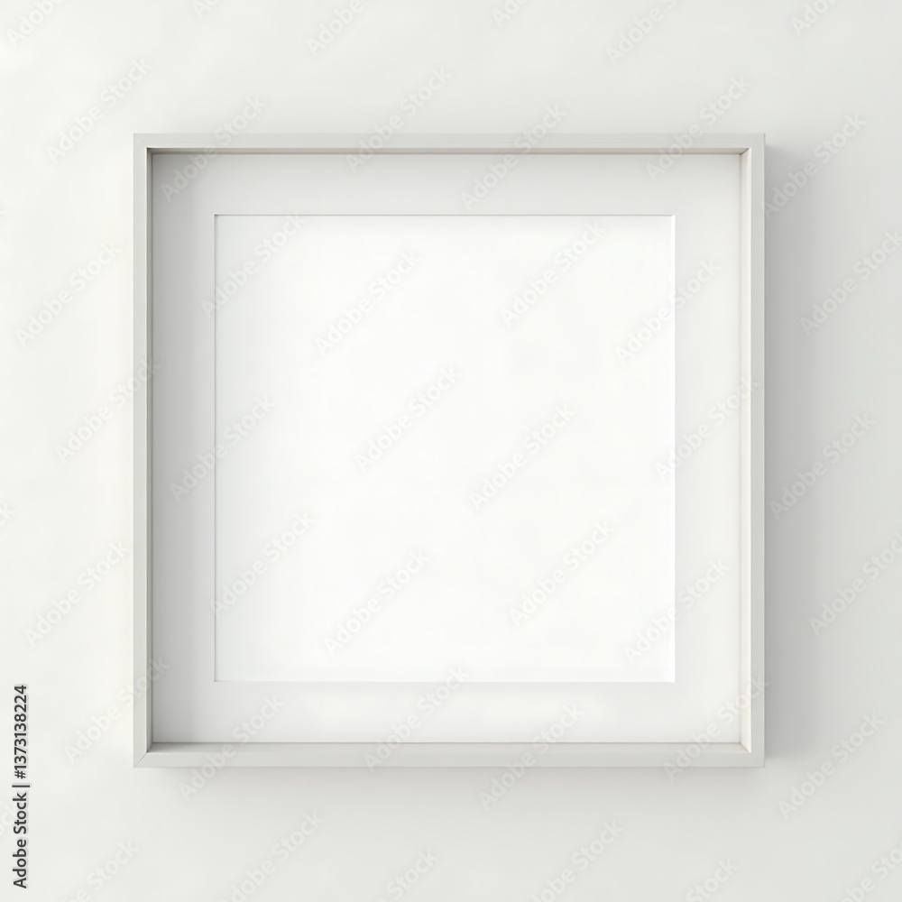 A square white picture frame with a white matte hangs on a white wall in a minimalist style setting A square white picture frame with a white matte hangs on a white wall in a minimalist style setting