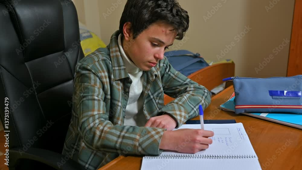 Teenage Boy Studying at Desk in Comfortable Home Environment Teenage Boy Studying at Desk in Comfortable Home Environment