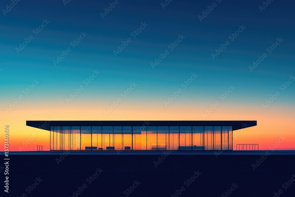 Fototapeta premium Modern building with glass walls reflects a vibrant sunset, under a gradient blue sky, creating a serene and minimalist aesthetic.