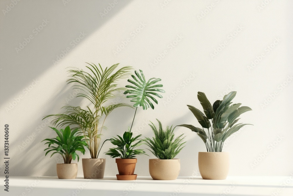Fototapeta premium A diverse collection of potted plants in various sizes and shapes, arranged against a bright, neutral wall with soft, natural lighting.