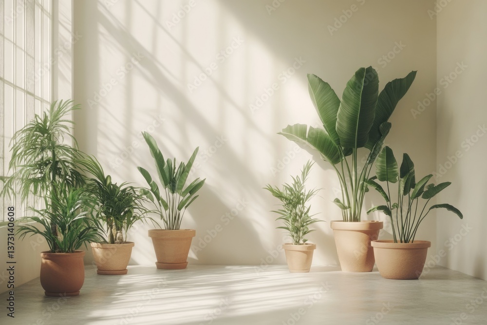 Bright interior featuring various potted green plants against a neutral wall with sunlight streaming through a window. Bright interior featuring various potted green plants against a neutral wall with sunlight streaming through a window.