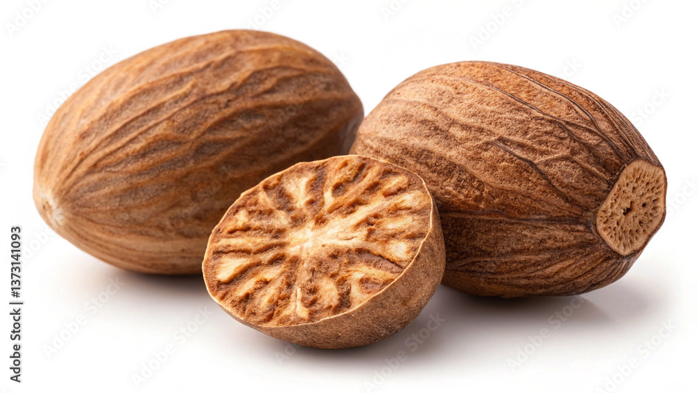 close-up of a whole nutmeg with high detail on its textured surface in warm brown tones isolated on a white background close-up of a whole nutmeg with high detail on its textured surface in warm brown tones isolated on a white background
