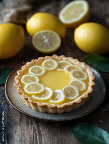 A freshly baked lemon tart, decorated with sliced lemons for added zest and flavor.