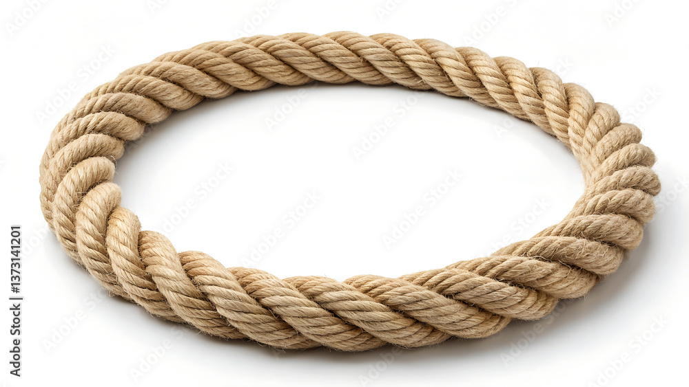 Circular rope frame made of twisted jute cord with a nautical theme and rustic design isolated on a white background Circular rope frame made of twisted jute cord with a nautical theme and rustic design isolated on a white background