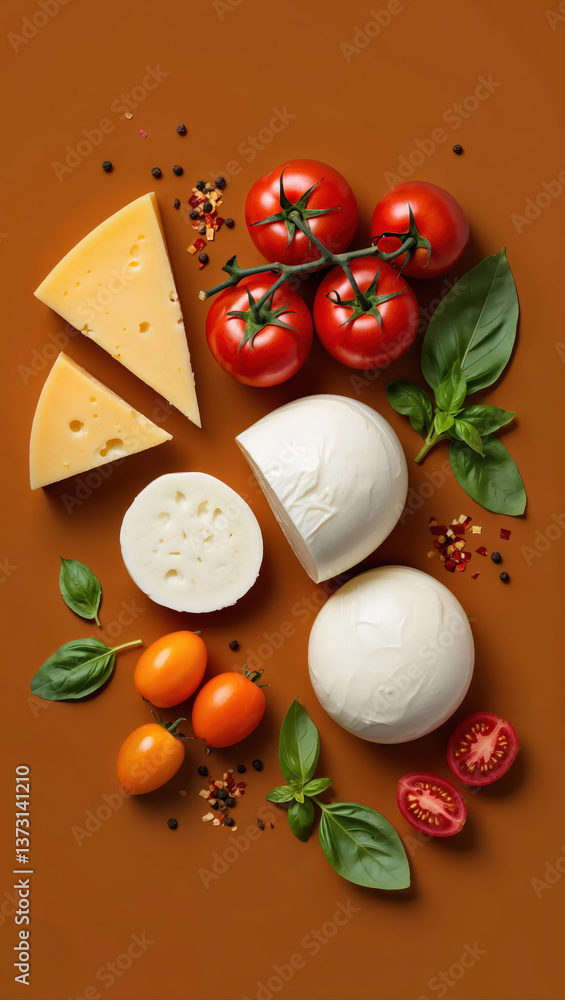 Fresh mozzarella cheese with tomatoes, basil and peppercorns on brown background Fresh mozzarella cheese with tomatoes, basil and peppercorns on brown background