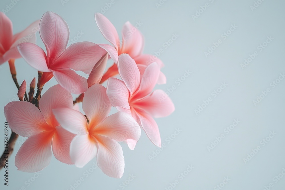 Naklejka premium Vibrant blooming flower branch with soft pink petals and vivid yellow stamens, set against a light blue background.