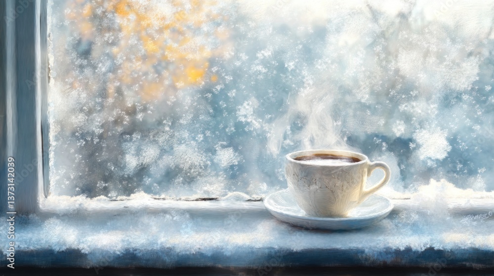 Fototapeta premium Cozy Winter Morning: A Warm Cuppa by the Frosty Window