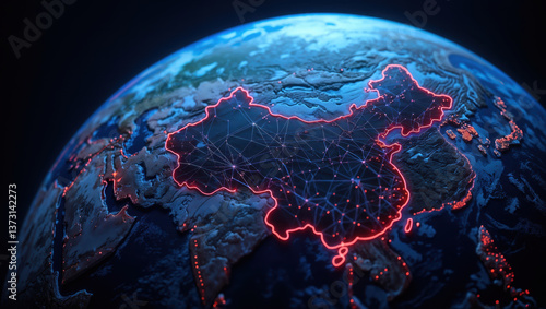 Planet earth showing china glowing with interconnected cities and networks