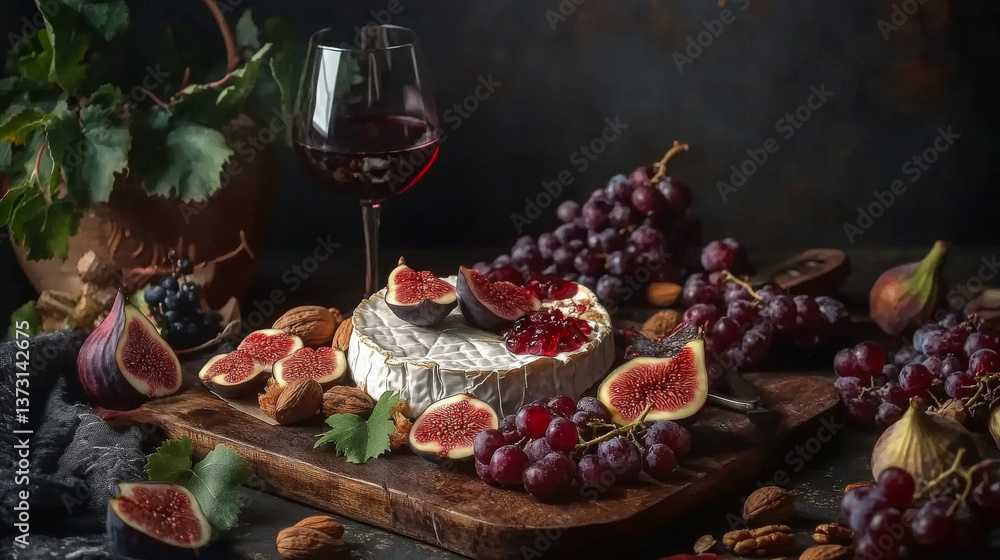 Artistic composition of seasonal wine snacks like Camembert, figs, grapes, nuts, and red wine on a rustic cutting board Artistic composition of seasonal wine snacks like Camembert, figs, grapes, nuts, and red wine on a rustic cutting board
