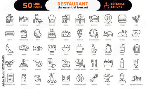 Restaurant and food service icon set. Thin line editable stroke icons for menus, meals, dining, drinks, cafes, bars, delivery, culinary branding, types of food and restaurants