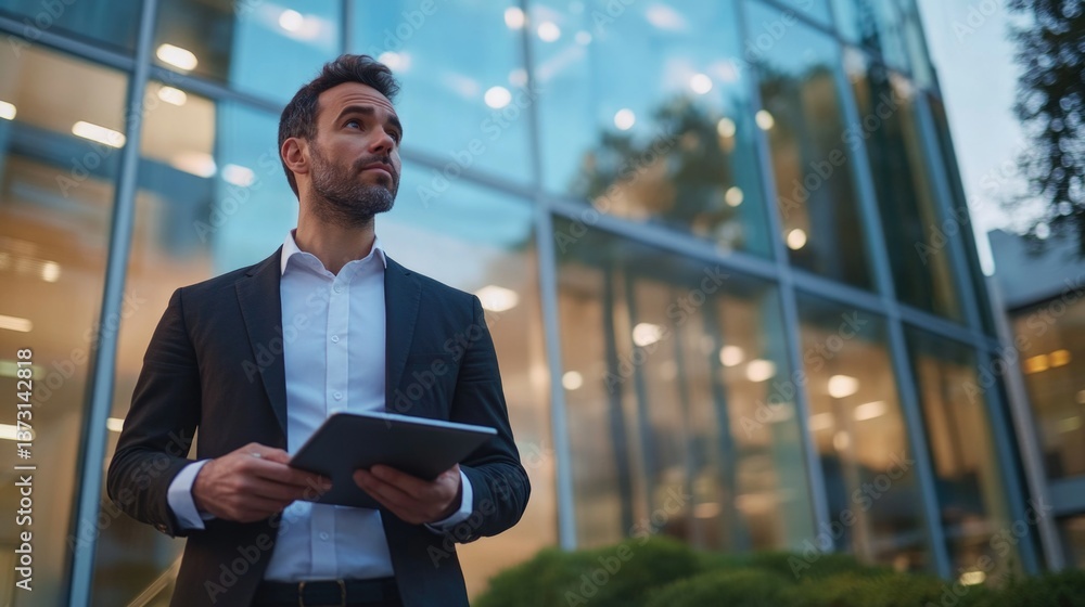 A professional man standing by a large window, holding a tablet and wearing a suit. He is looking away from the camera, focusing on his work.