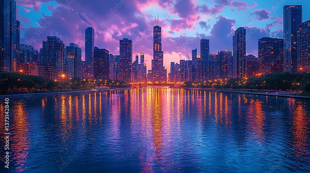 Fototapeta premium Peaceful chicago night scene with bright tower lights high resolution picture