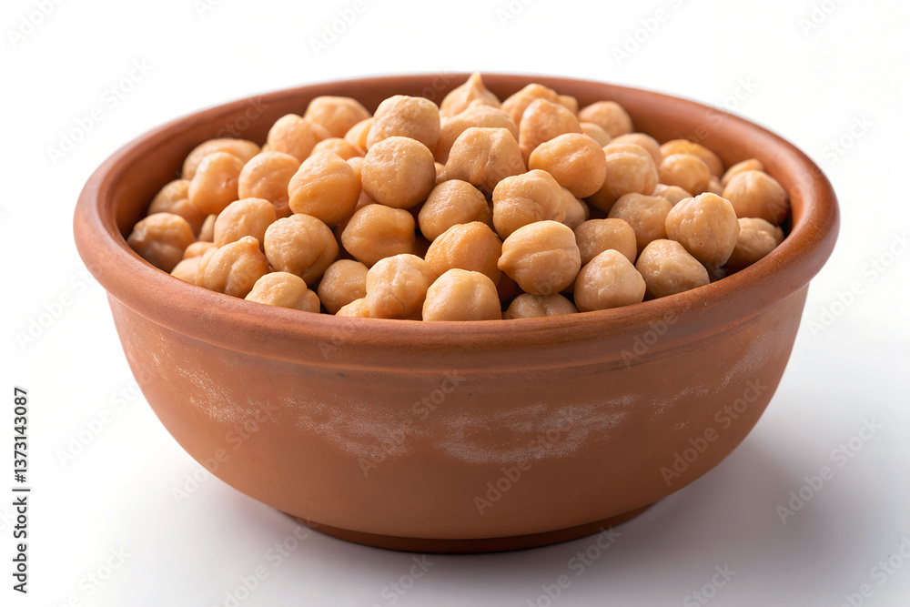Terracotta bowl filled with chickpeas showcasing their spherical shapes and warm beige hues against a clean white background Terracotta bowl filled with chickpeas showcasing their spherical shapes and warm beige hues against a clean white background