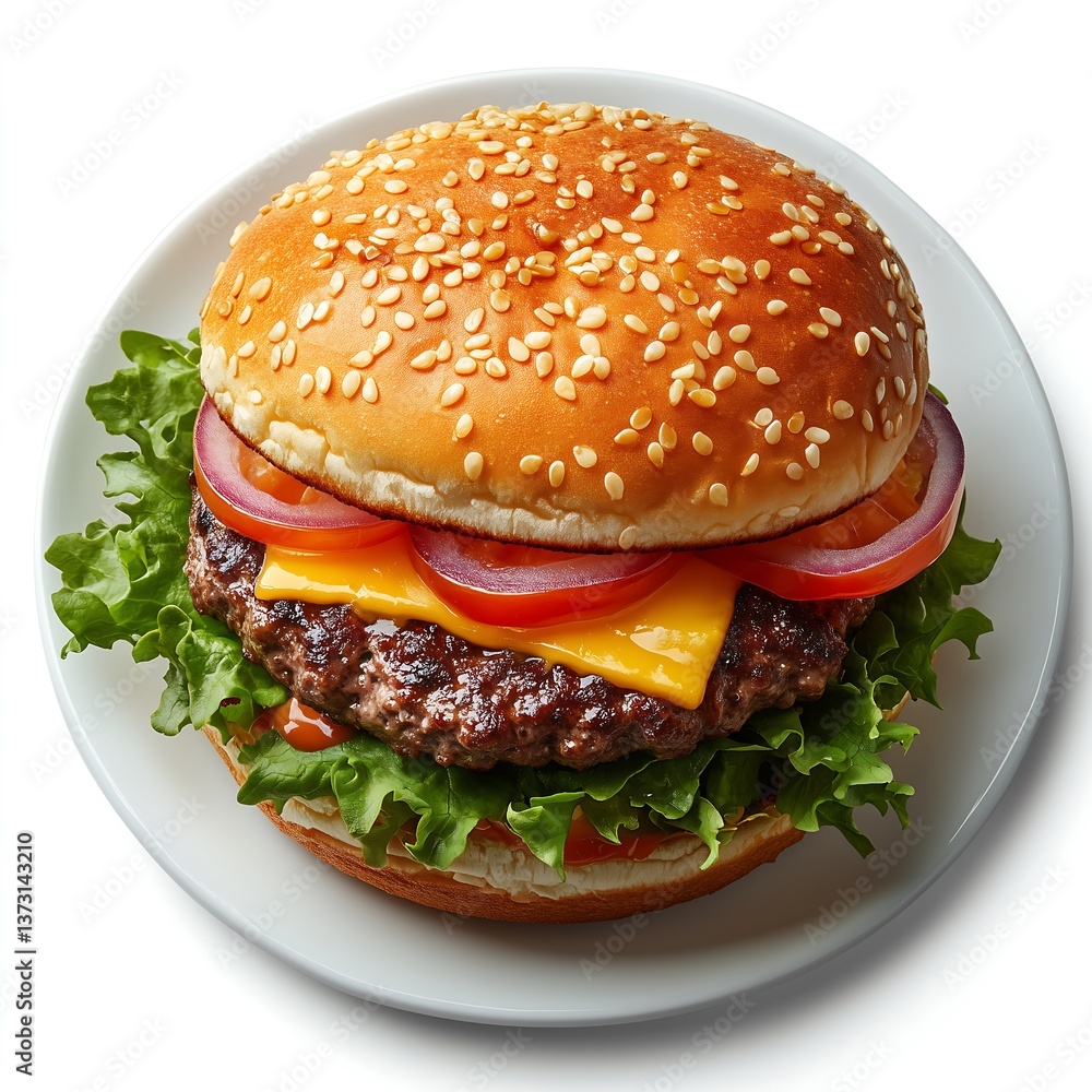 Classic Cheeseburger with Sesame Bun: Serves Up Juicy Beef Patty, Fresh Ingredients, & Gourmet American Cuisine for Comfort Food Lovers - Delicious Meal & Fast Food Photography Classic Cheeseburger with Sesame Bun: Serves Up Juicy Beef Patty, Fresh Ingredients, & Gourmet American Cuisine for Comfort Food Lovers - Delicious Meal & Fast Food Photography