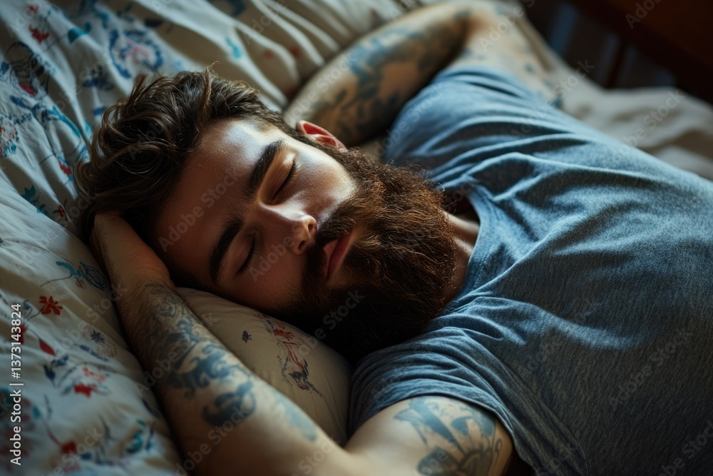 Young man in relaxed pose with eyes closed, beard and tattoos visible. Young man in relaxed pose with eyes closed, beard and tattoos visible.