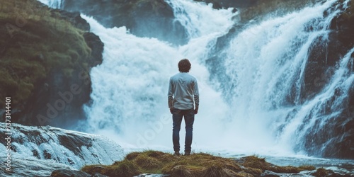 A person standing alone, looking out over a large waterfall with a vast landscape surrounding him.