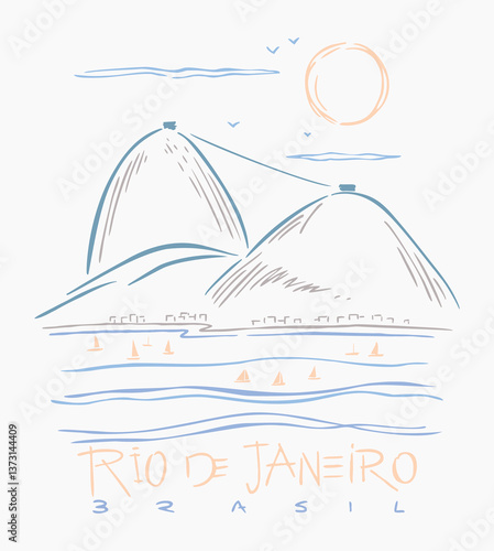 Illustration in simple and uncluttered lines of a landscape of the city of Rio de Janeiro, Brazil.