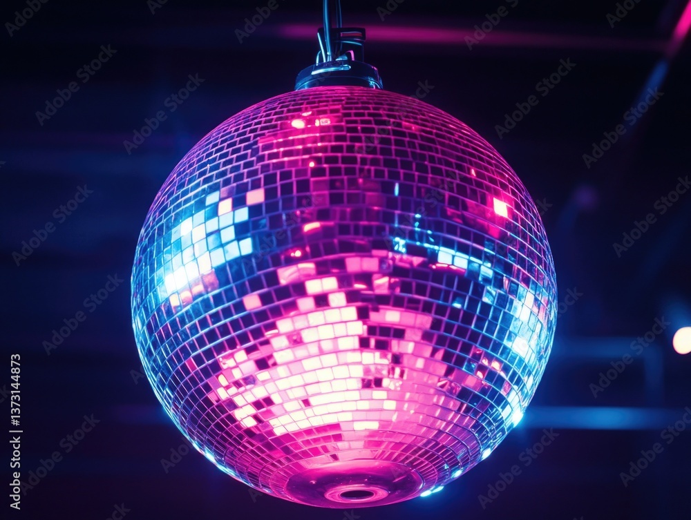 Fototapeta premium Shiny disco ball reflecting pink and purple lights, hanging from ceiling at night club or party venue.