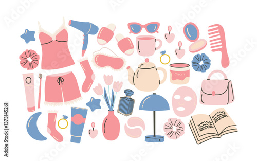 Cartoon stickers for cozy women’s night routine. Doodle elements of pajamas, self-care, cosmetics, accessories, and home decor. Vector trendy illustration for relaxation and beauty themes.