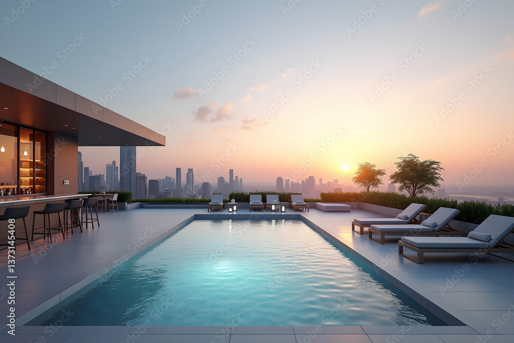 Fototapeta premium Rooftop Serenity, Luxurious Poolside Retreat with Stunning Cityscape and Bar Offering Ultimate Relaxation and Sophistication in a Modern Architectural Design