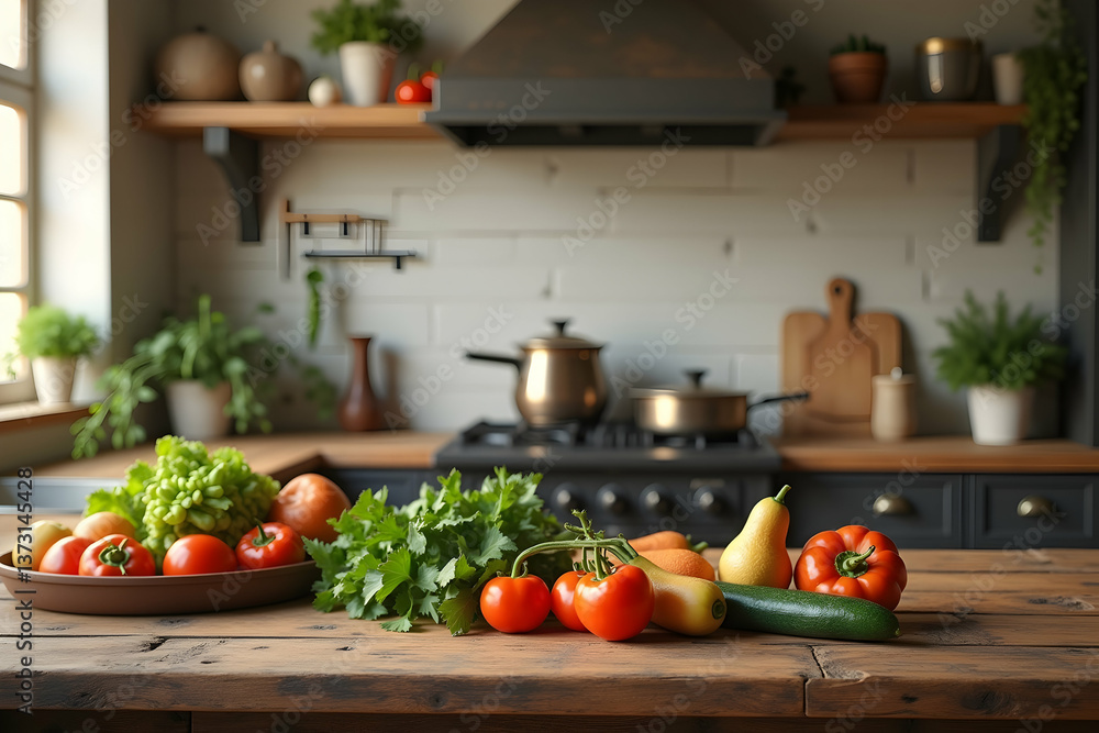 Rustic kitchen still life featuring fresh vegetables on a wooden table, showcasing a warm and inviting culinary space perfect for healthy lifestyle and cooking concepts Rustic kitchen still life featuring fresh vegetables on a wooden table, showcasing a warm and inviting culinary space perfect for healthy lifestyle and cooking concepts
