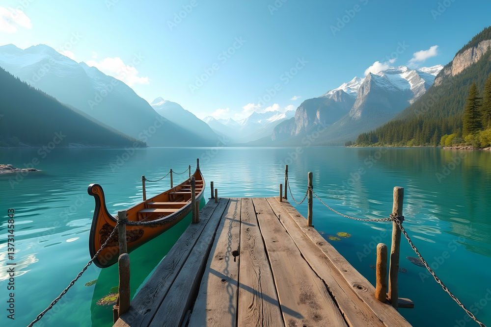 Obraz premium Scenic Mountain Lake, A Tranquil Lakeside View with Wooden Dock and Classic Rowboat, Majestic Peaks Reflected in Calm Waters under a Clear Sky, Creating a Peaceful Escape