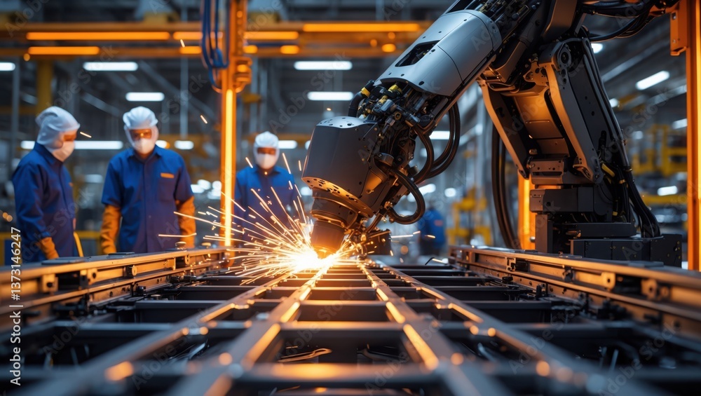 Factory workers watch robotic arm welding metal. Sparks fly in modern indoor steel structure assembly line. Industry with advanced automation system. Factory workers watch robotic arm welding metal. Sparks fly in modern indoor steel structure assembly line. Industry with advanced automation system.