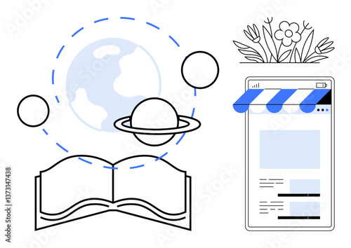 Open book with planets, Earth and flowers suggesting knowledge, global learning, and environmental awareness. Ideal for education, innovation, technology, e-learning, environment globalization