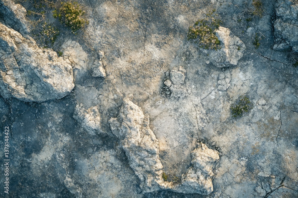 An aerial perspective reveals rugged, cracked rock formations dotted with sparse vegetation, creating a textured, natural landscape.