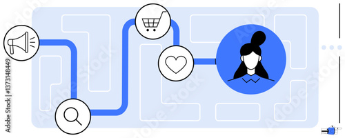 Blue path connects a megaphone, search, shopping cart, and heart icon to a person profile. Ideal for marketing, user experience, ecommerce, customer engagement, audience segmentation