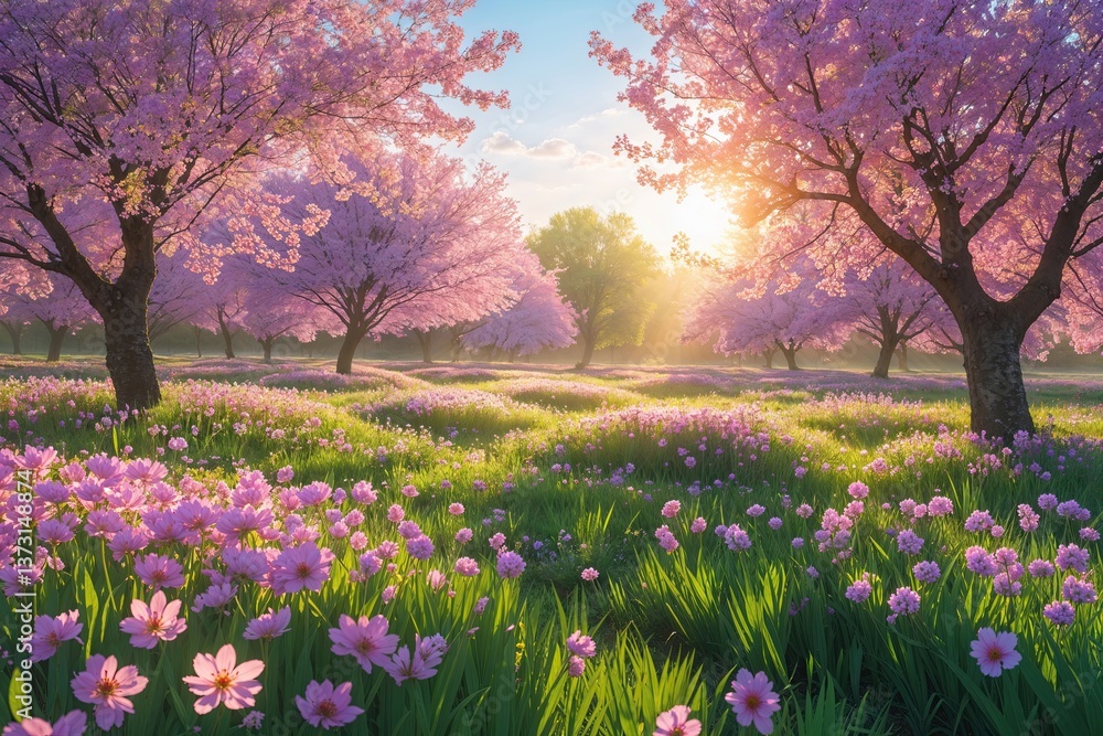 Sunlit Flower Fields Blooming in Lush Spring Meadows Sunlit Flower Fields Blooming in Lush Spring Meadows
