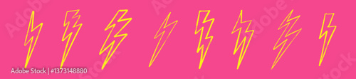 Hand draw yellow thunder doodle with crackle effects. Retro lightning bolt flash logo. Flat vector illustration isolated