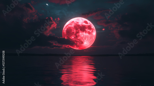 A radiant crimson moon brightens the nights eerie silence image. Radiant Silence. Illustration