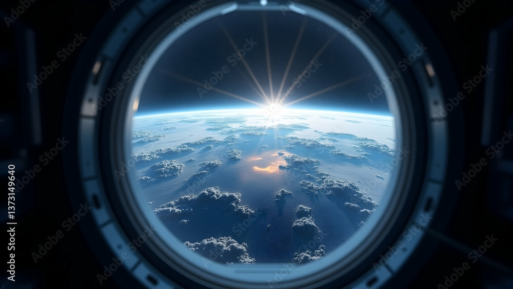 Stunning View of Earth from a Spacecraft Porthole Featuring a Bright Sun Rising Over a Layer of Clouds creating a Beautiful and Inspiring Aesthetic Stunning View of Earth from a Spacecraft Porthole Featuring a Bright Sun Rising Over a Layer of Clouds creating a Beautiful and Inspiring Aesthetic