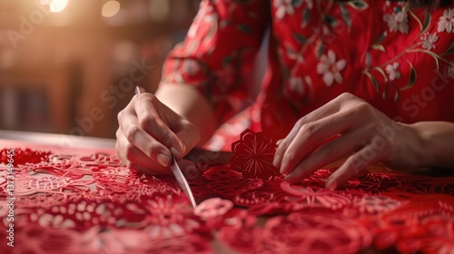 Crafting Tradition A Person Creating Intricate Red Paper Cutouts with Scissors and Floral Patt