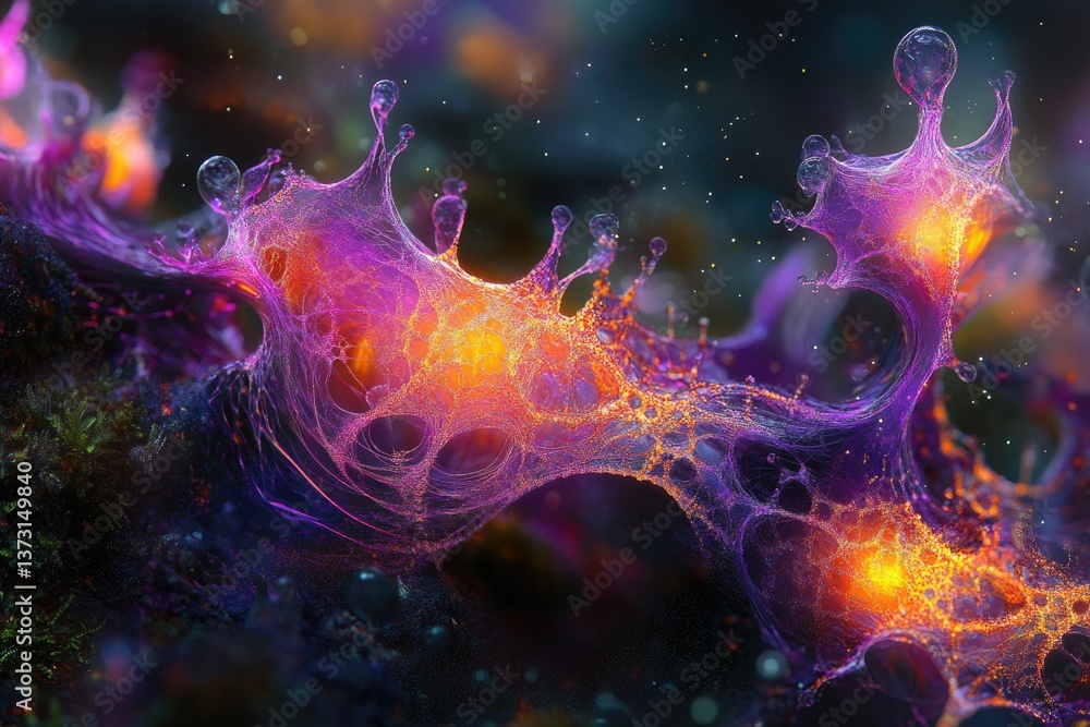 Abstract bioluminescent strands, connecting and pulsating with colorful light, create a surreal, ethereal display. Abstract bioluminescent strands, connecting and pulsating with colorful light, create a surreal, ethereal display.