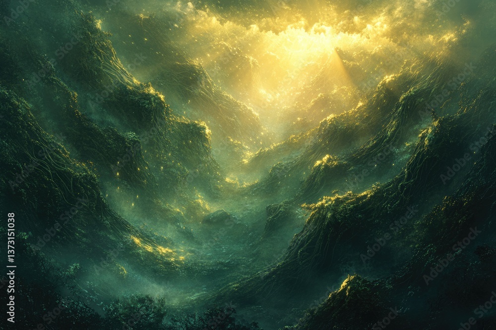 Obraz premium Golden light streams through misty valleys, illuminating rugged green mountains and ethereal fog in an artistic landscape.