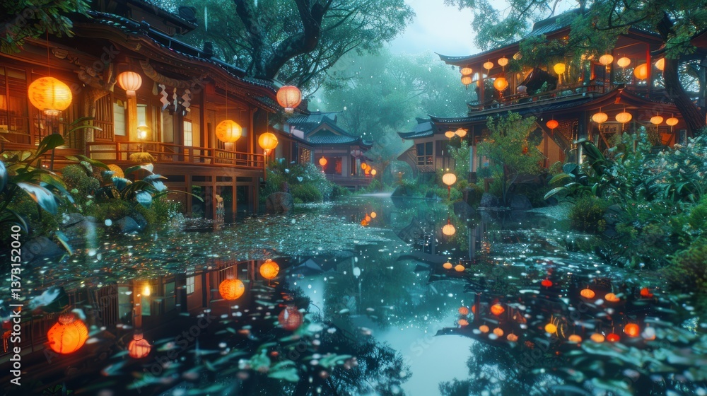 Enchanting Oriental Village at Dusk with Glowing Lanterns and Serene Water Reflections Enchanting Oriental Village at Dusk with Glowing Lanterns and Serene Water Reflections
